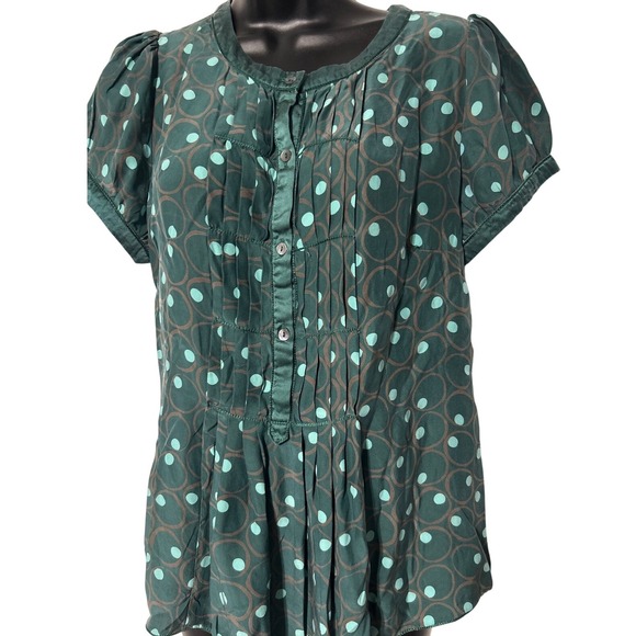 MSP Green Polka Dot 100% Silk Button Down Pintuck Short Sleeve Blouse Top M - Picture 1 of 5